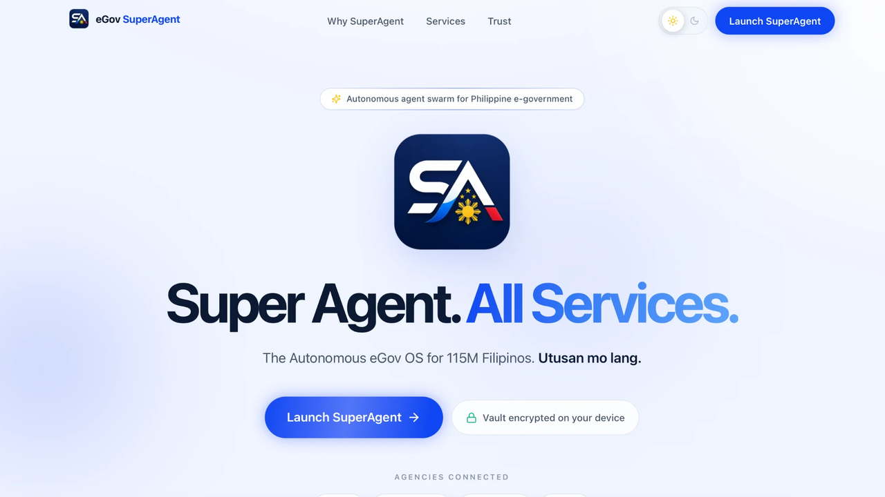 The eGov SuperAgent homepage, with the SA app icon and the Launch SuperAgent call to action
