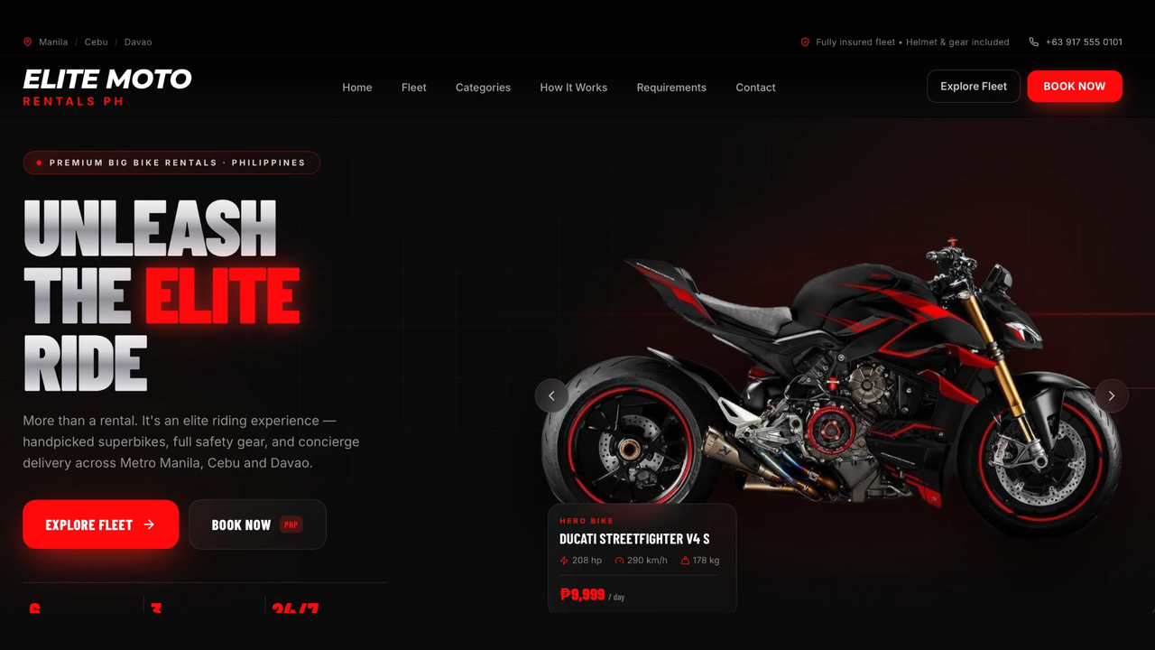 The Elite Moto Rentals homepage, with the Ducati Streetfighter V4 S hero bike and its daily rate
