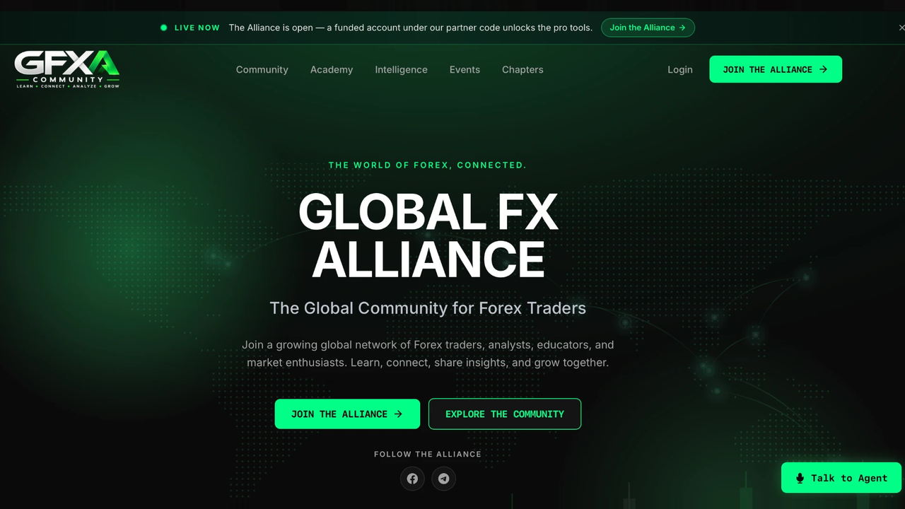 The Global FX Alliance homepage, with the dotted world map backdrop and the Join the Alliance call to action