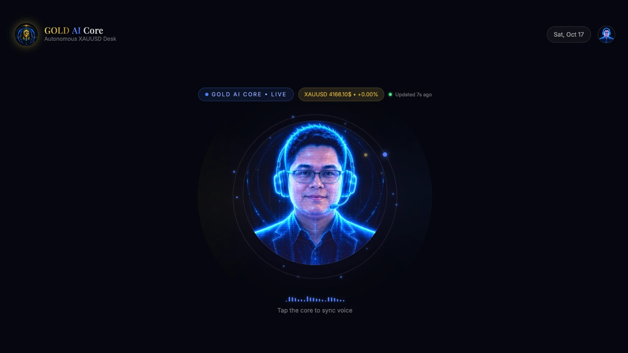 The GOLD AI Core desk, with the live XAUUSD badge and the circular voice-sync core at the centre