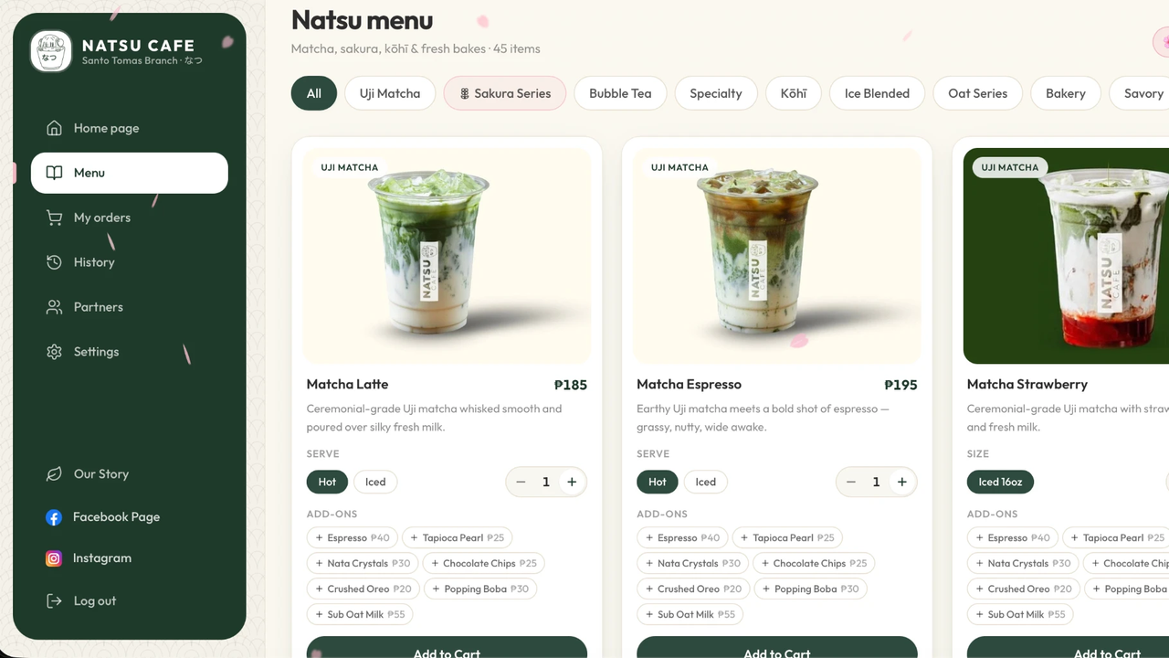 The Natsu Cafe online menu, showing the matcha drink range
