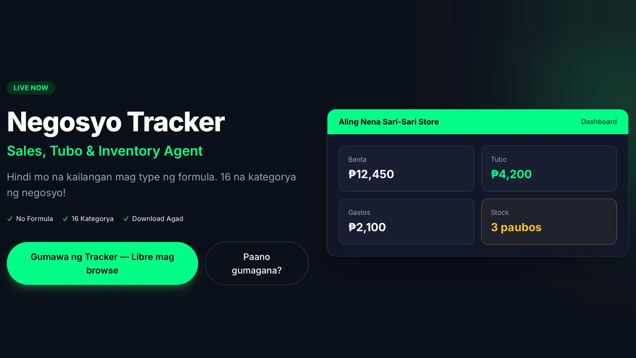 The Negosyo Tracker dashboard, showing benta, tubo, gastos and low-stock totals for a sari-sari store