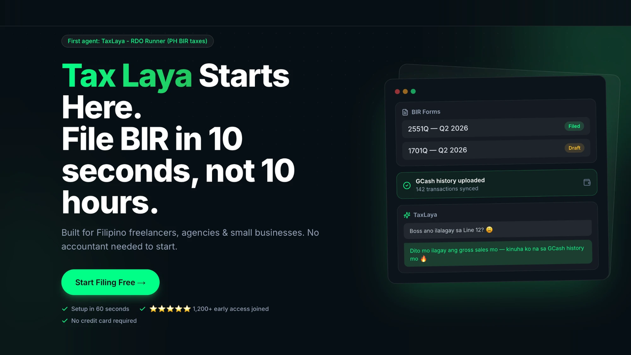 The TaxLaya product page, showing BIR form status, synced GCash history and the AI assistant